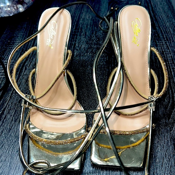 Rhinestone Gold Wrap strap open toe heels - Picture 1 of 3